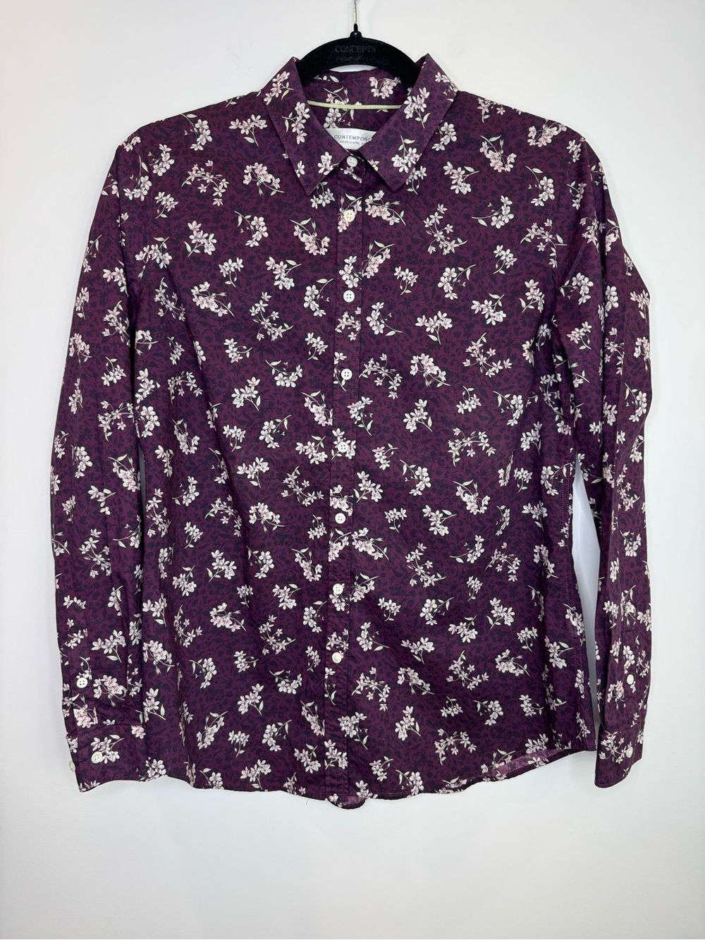 Simons Liberty fabric Dark Plum Floral Button-Up Shirt size medium cotton